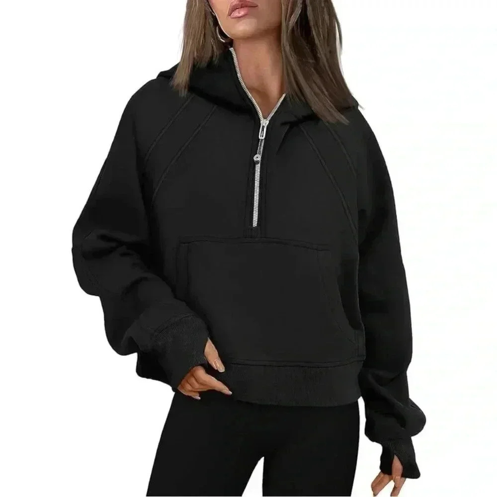 Cropped Hoodie 1/2 Zip Sweatshirt Fleece Lined Sporty Active Black Size Small